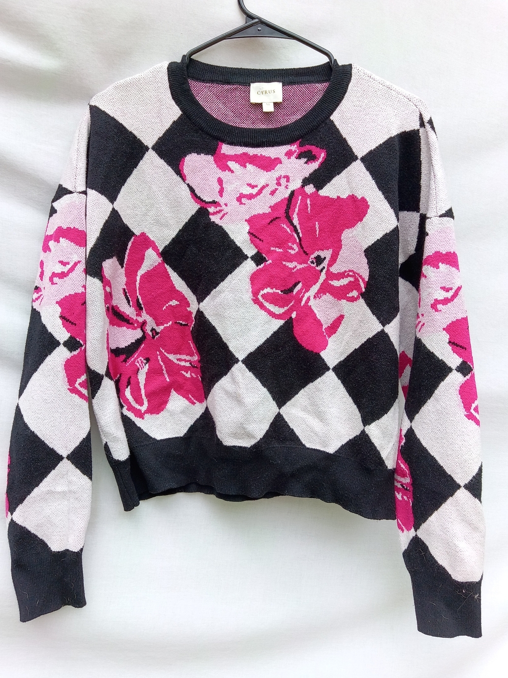 Cyrus Black, White & Hot Pink Floral Argyle Crewneck Sweater Coquette Y2k Medium